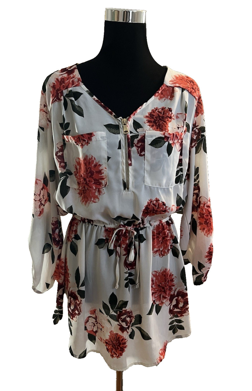 Stella Tweed White Floral Top Plus Size 1X Front Zipper and Pockets
